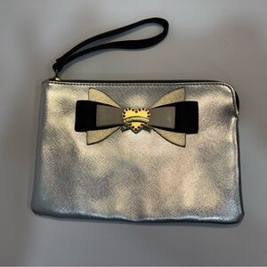 Betsey Johnson Silver Beige Black Gold Metallic Bow Wristlet Clutch Bag